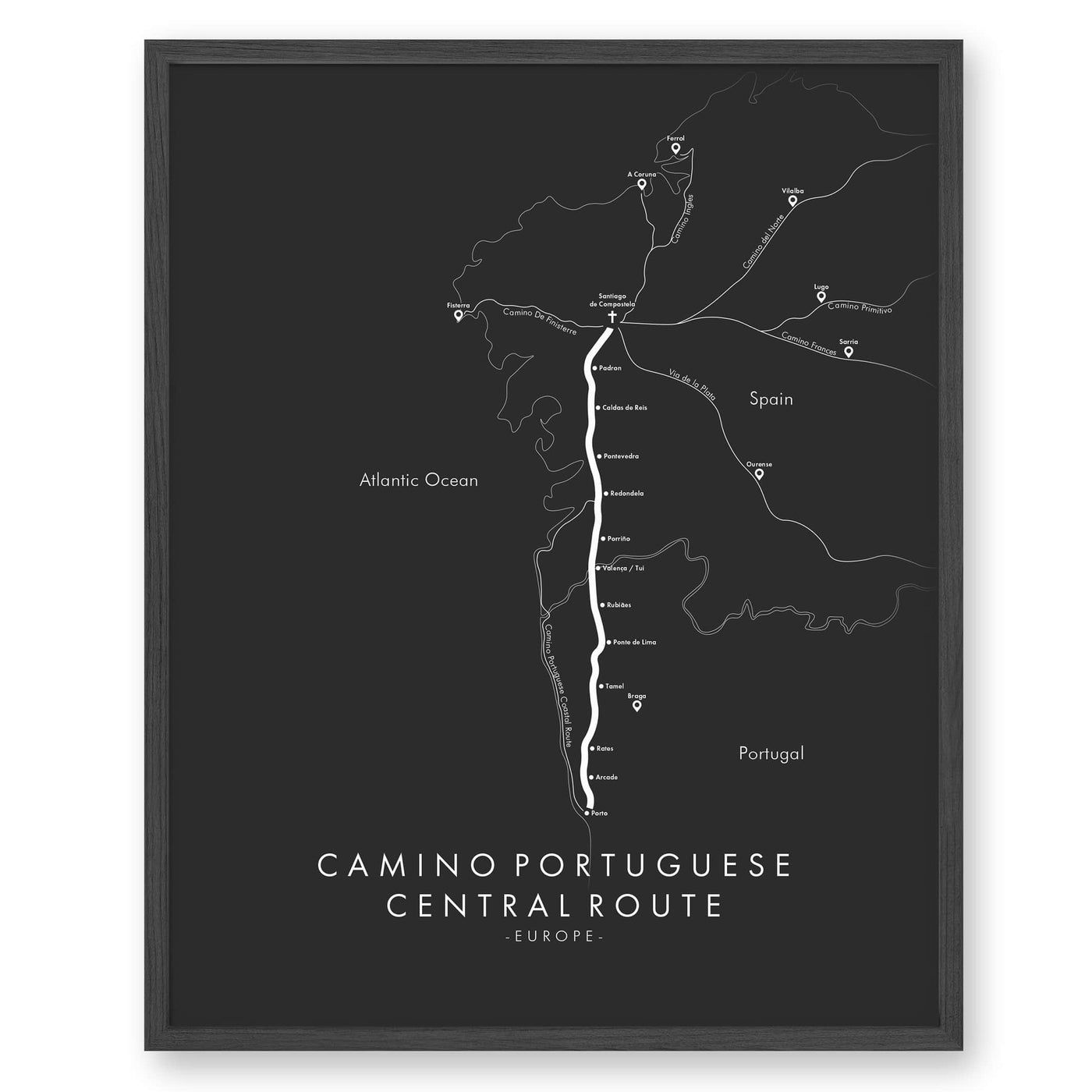 Trail Poster of Camino Portuguese - Central - Grey