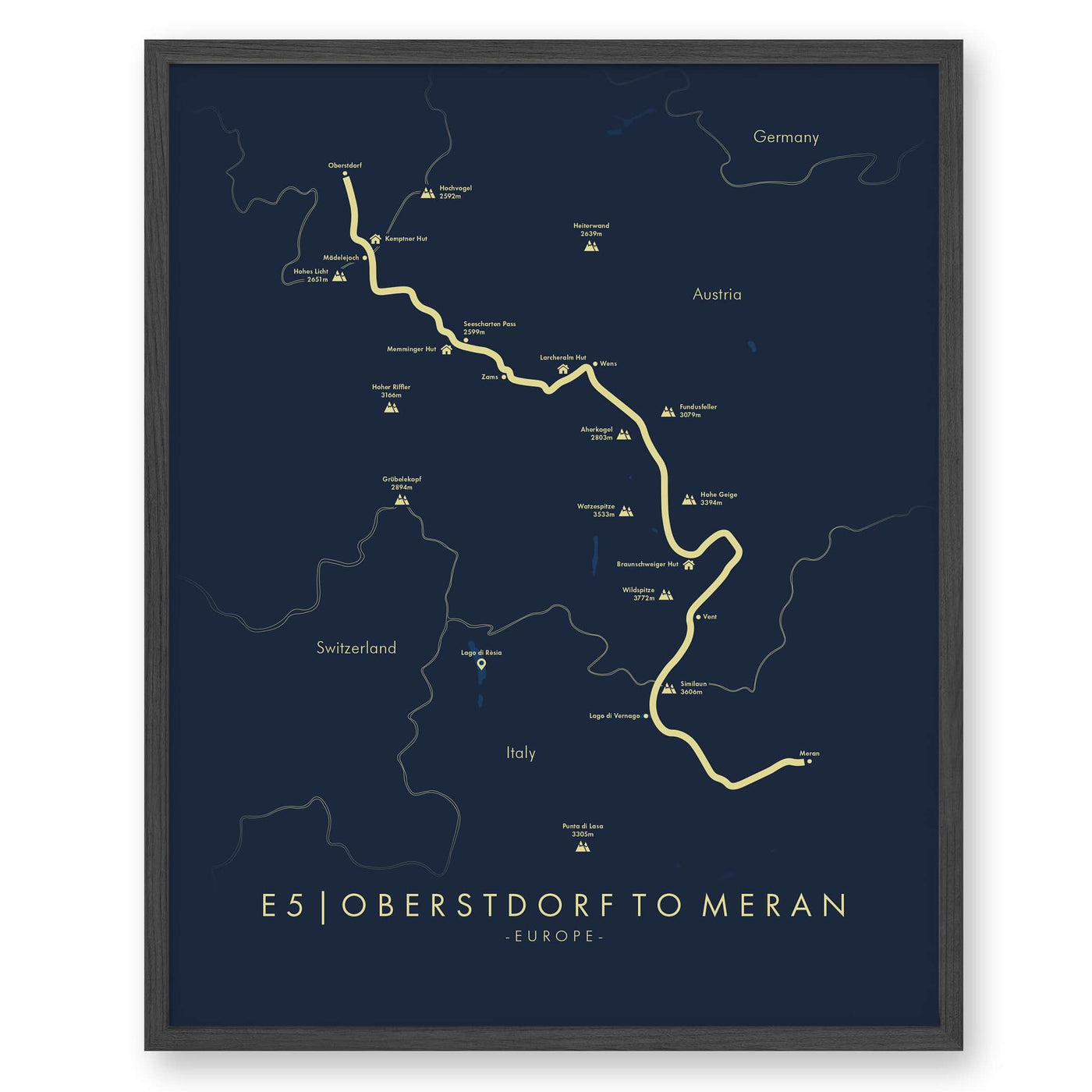 Trail Poster of E5 | Oberstdorf to Meran - Blue