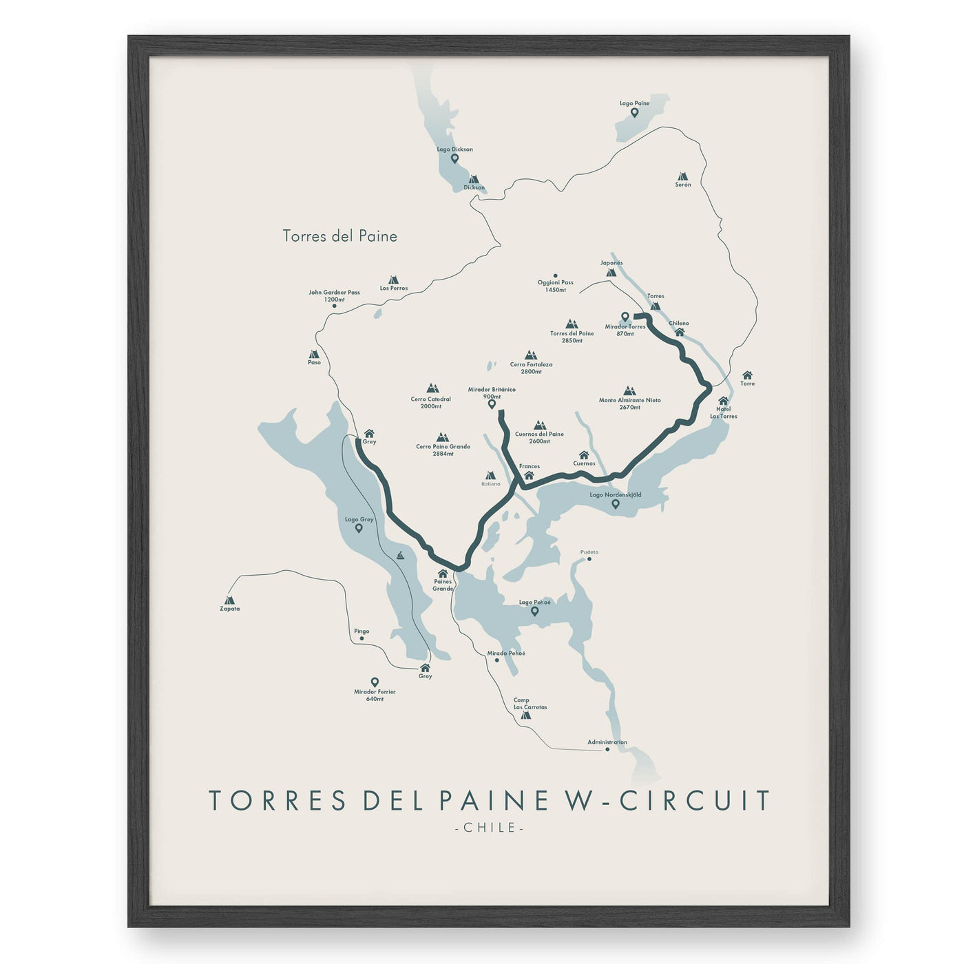 Trail Poster of Torres Del Paine 'W'-Circuit Trek - Beige