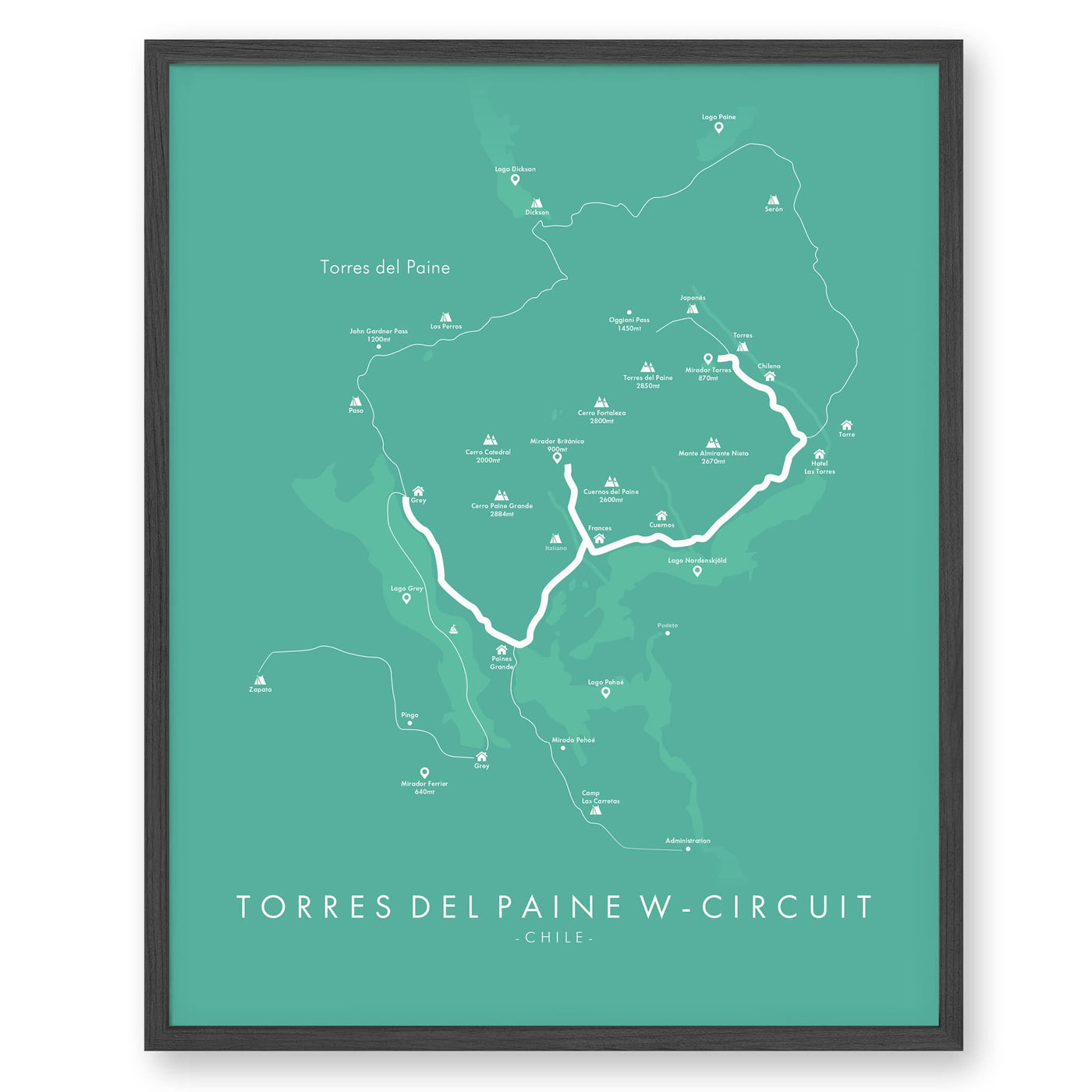 Trail Poster of Torres Del Paine 'W'-Circuit Trek - Teal