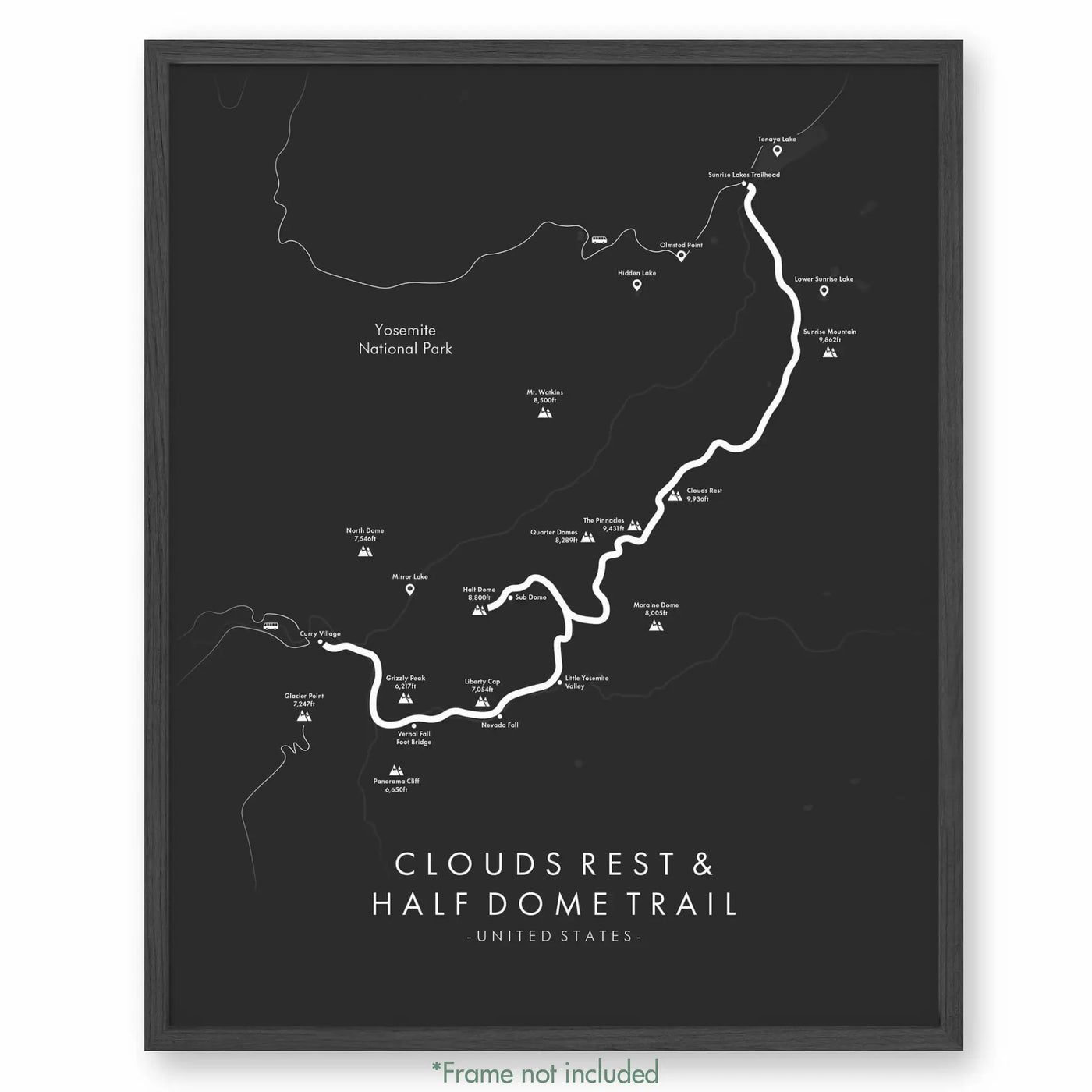 Trail Poster of Clouds Rest & Half Dome Trail - Grey
