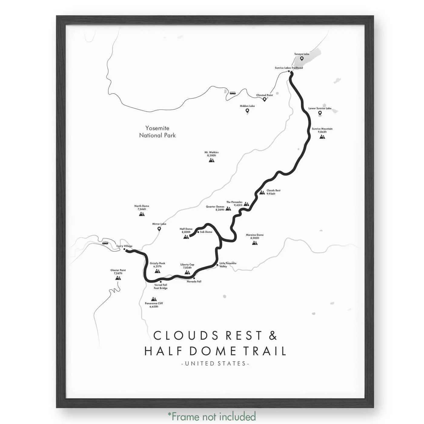 Trail Poster of Clouds Rest & Half Dome Trail - White