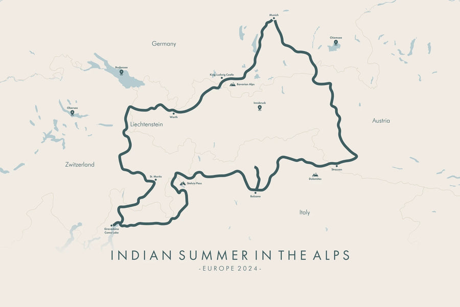 A bespoke map print of a road trip looping through Germany, Austria, Italy and Switzerland in the Alps