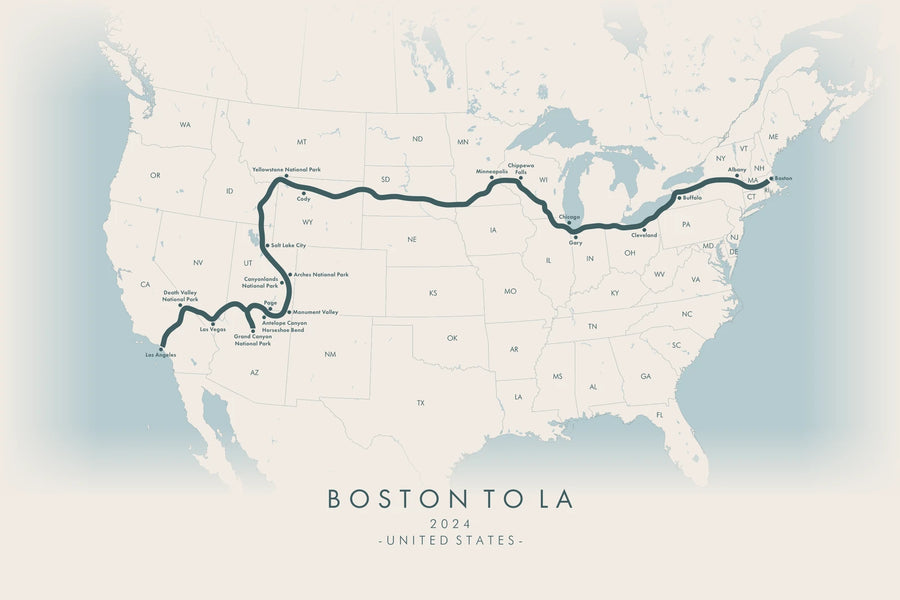 A bespoke map print of a road trip across the United States from Boston to Los Angeles, with the national parks along the way