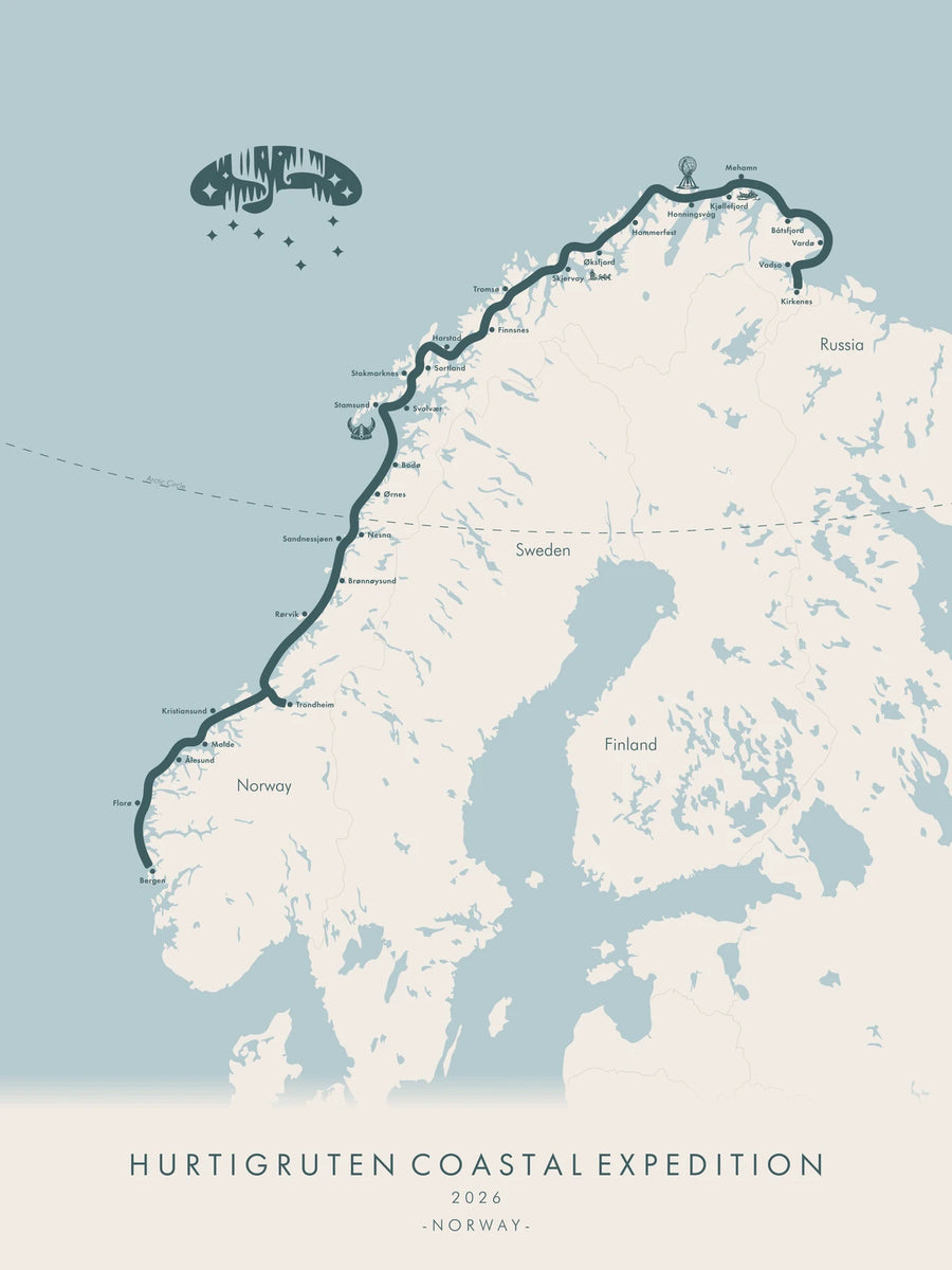 A bespoke map print of a coastal cruise along Norway, from Bergen past the Arctic Circle to Kirkenes