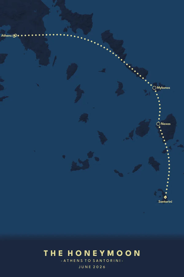 Honeymoon map print of the ferry route from Athens to Santorini