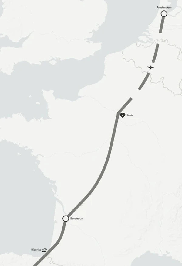 Close-up of the Six Cities poster: a heart at Paris, a plane on the flight from Amsterdam and a beach at Biarritz