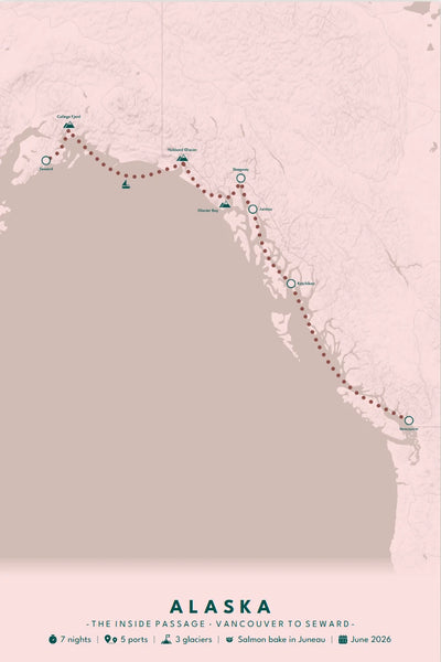 Alaska cruise poster in custom blush pink with a maroon route