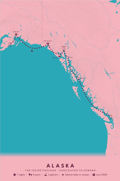 Alaska cruise poster in custom pink with a turquoise ocean and a berry route
