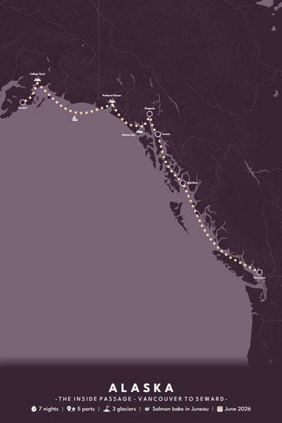 Alaska cruise poster in custom deep plum with a peach route