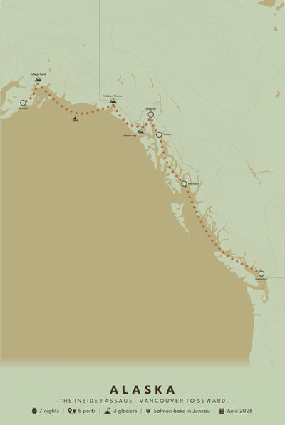 Alaska cruise poster in custom sage with a sand ocean and a terracotta route