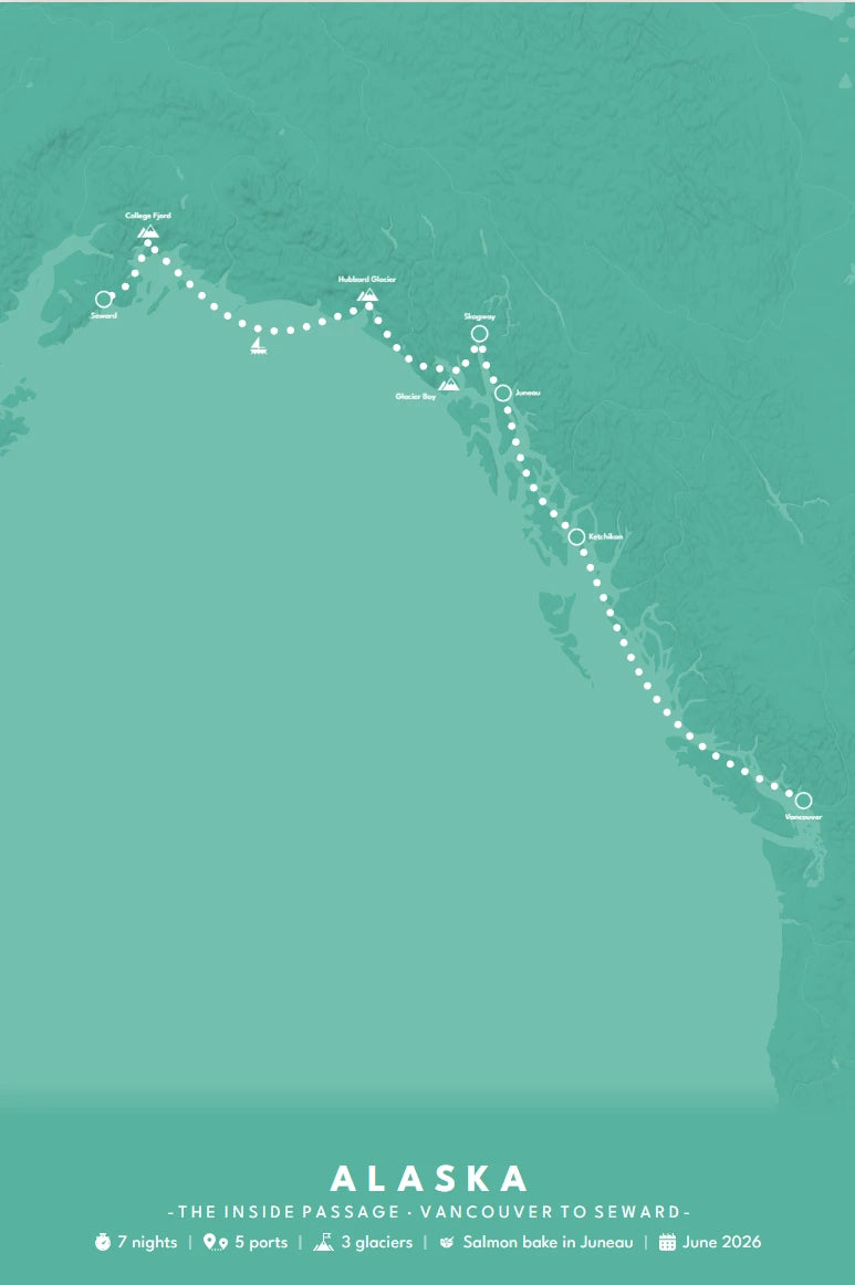 Alaska Inside Passage cruise map print in Teal, five ports and three glaciers
