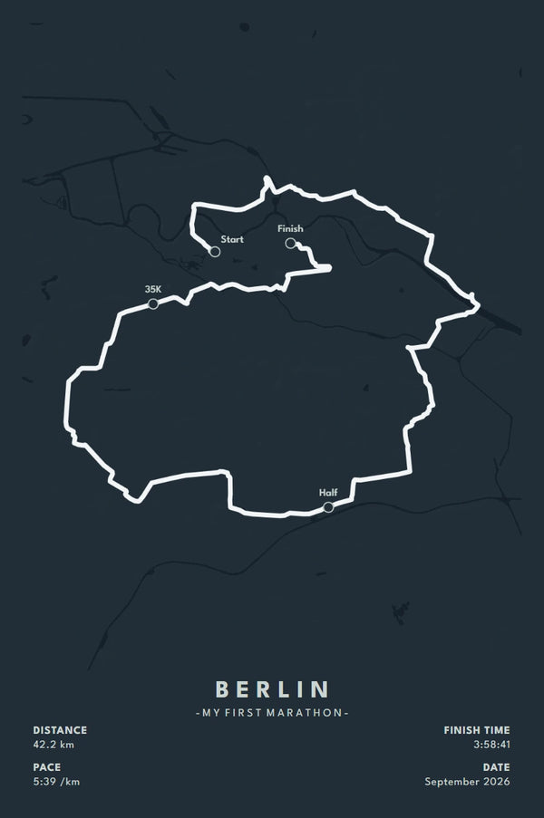 Custom route map of the Berlin Marathon with finish time