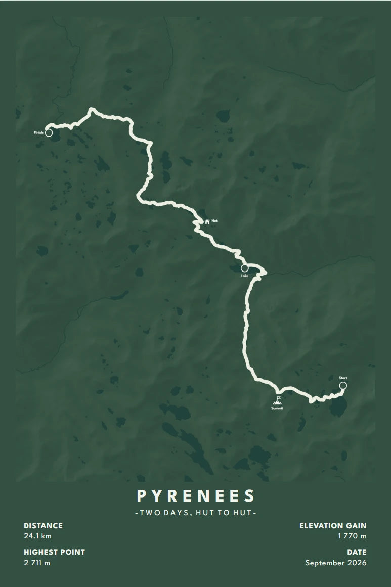 Hike poster of a two-day hut-to-hut route in the Pyrenees