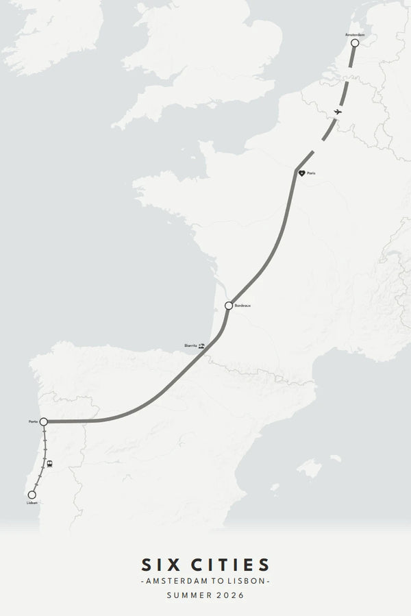 Six Cities poster, Amsterdam to Lisbon, made from a list of places