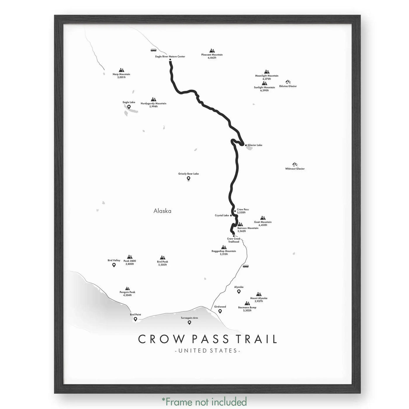 Trail Poster of Crow Pass Trail - White