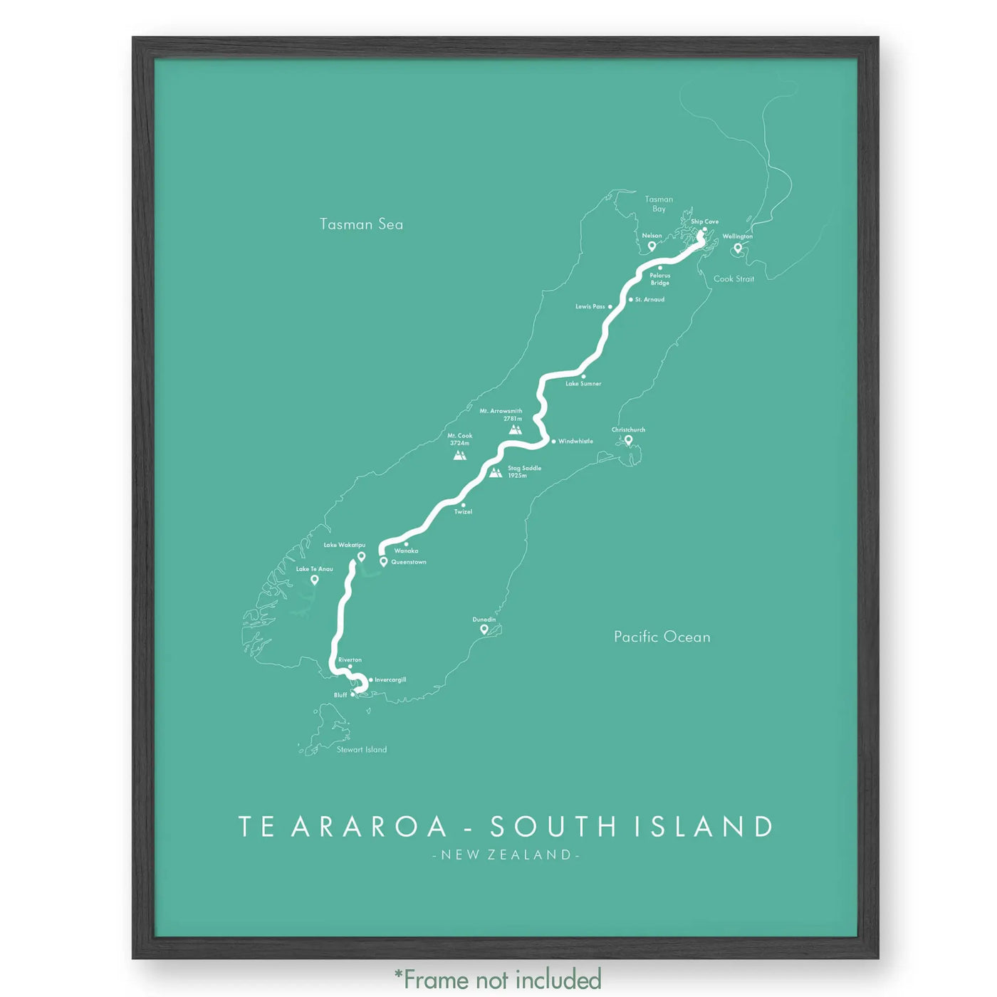 Trail Poster of Te Araroa - South Island - Teal