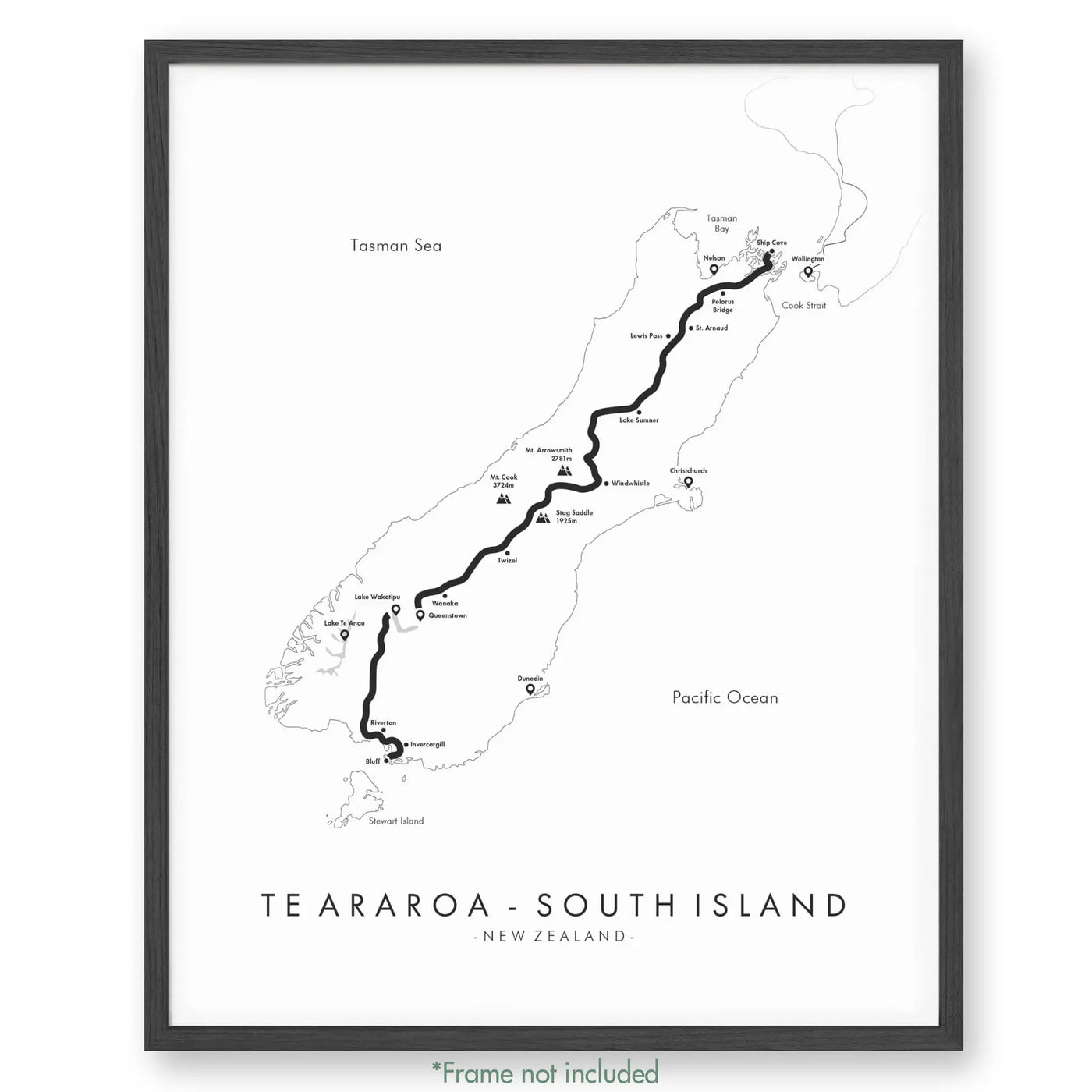 Trail Poster of Te Araroa - South Island - White
