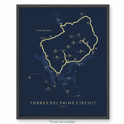 Trail Poster of Torres Del Paine Circuit - Blue