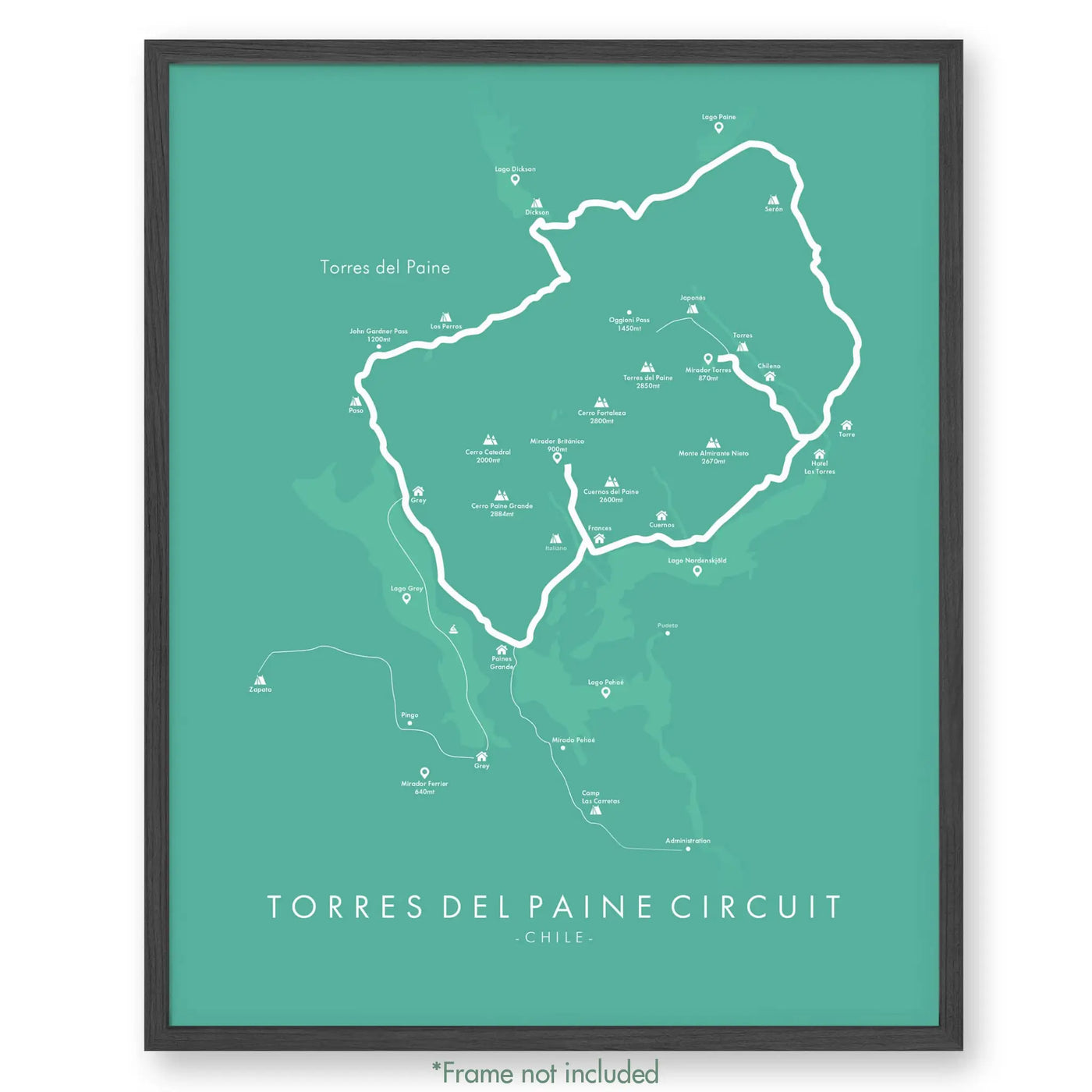 Trail Poster of Torres Del Paine Circuit - Teal