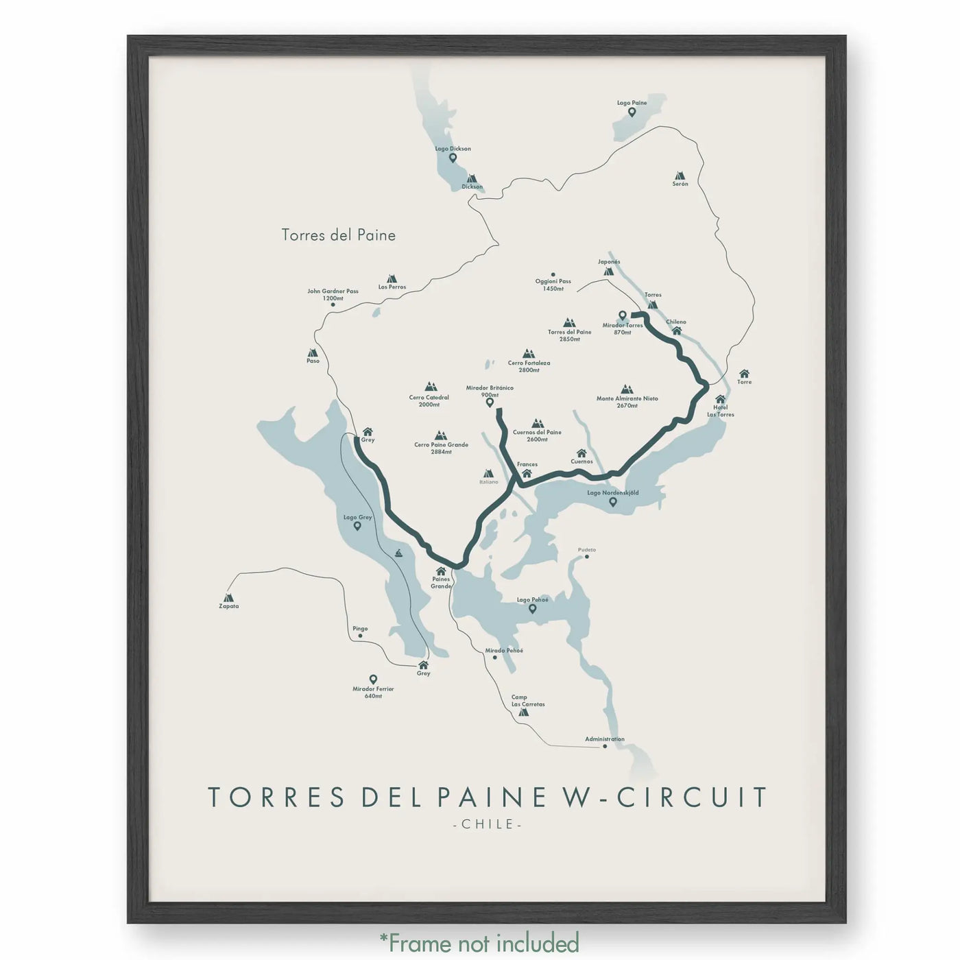 Trail Poster of Torres Del Paine 'W'-Circuit Trek - Beige