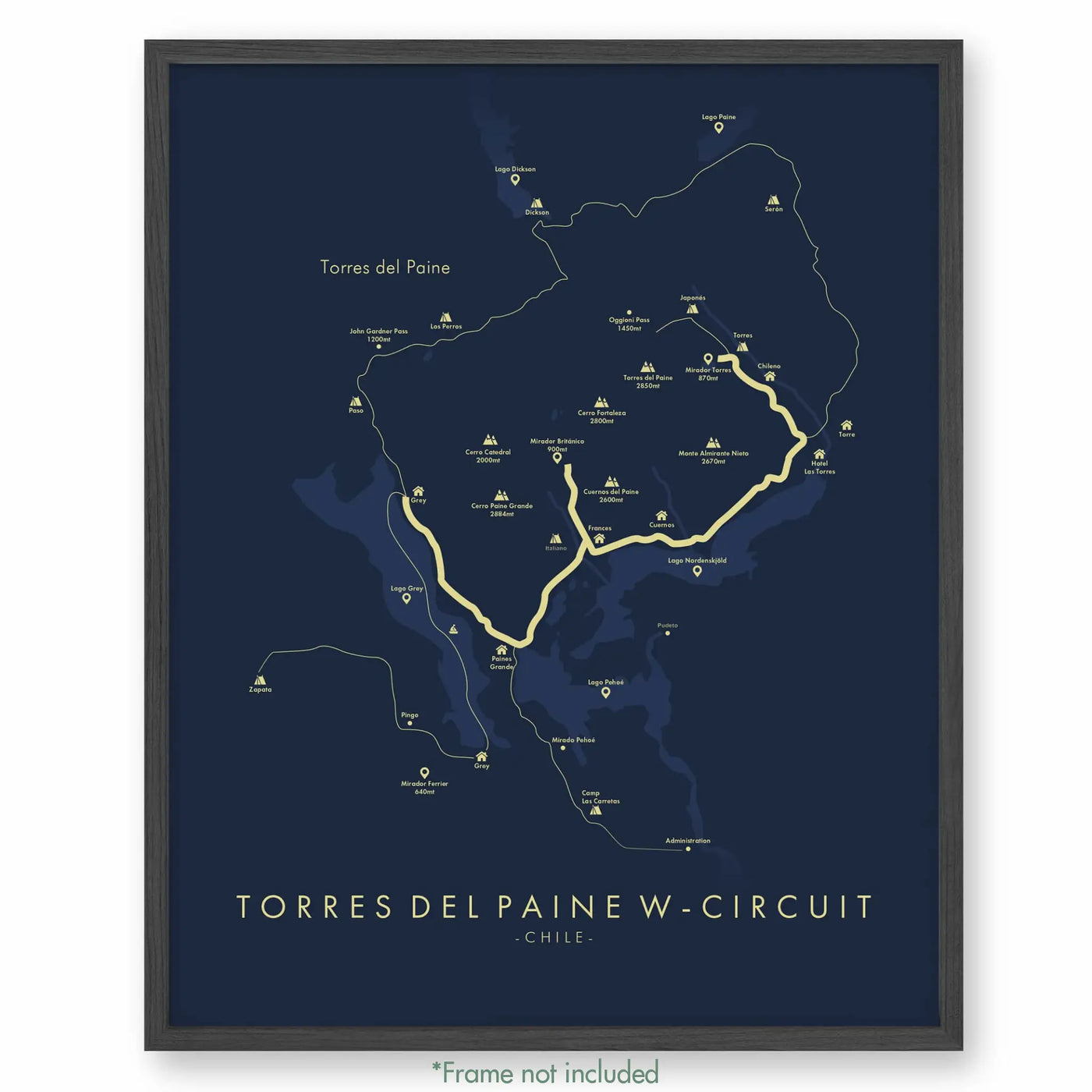 Trail Poster of Torres Del Paine 'W'-Circuit Trek - Blue