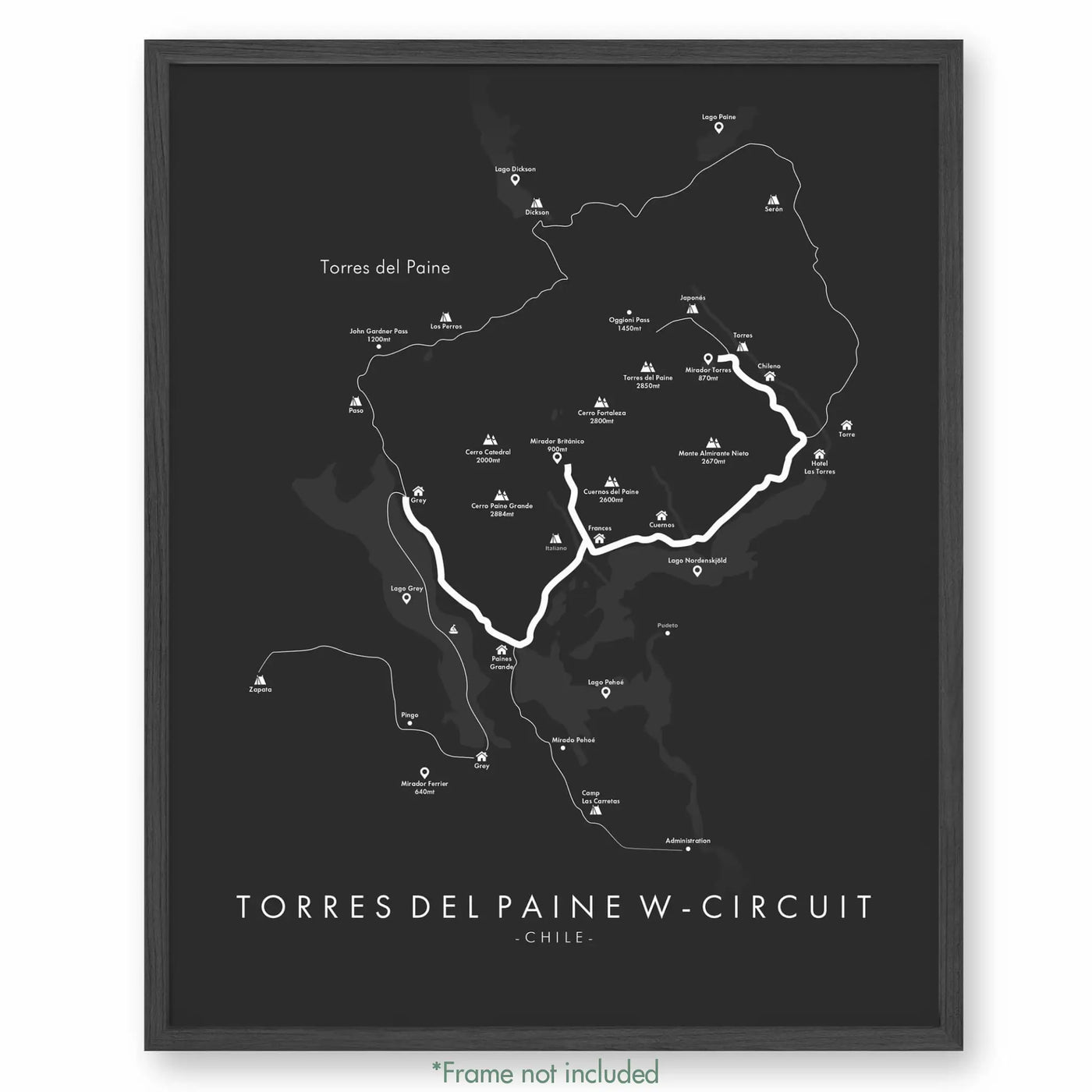 Trail Poster of Torres Del Paine 'W'-Circuit Trek - Grey