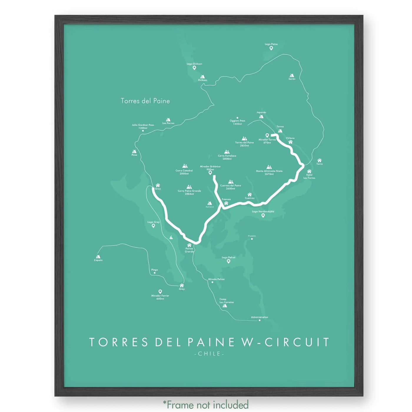 Trail Poster of Torres Del Paine 'W'-Circuit Trek - Teal
