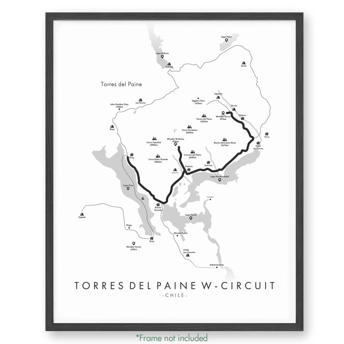 Trail Poster of Torres Del Paine 'W'-Circuit Trek - White