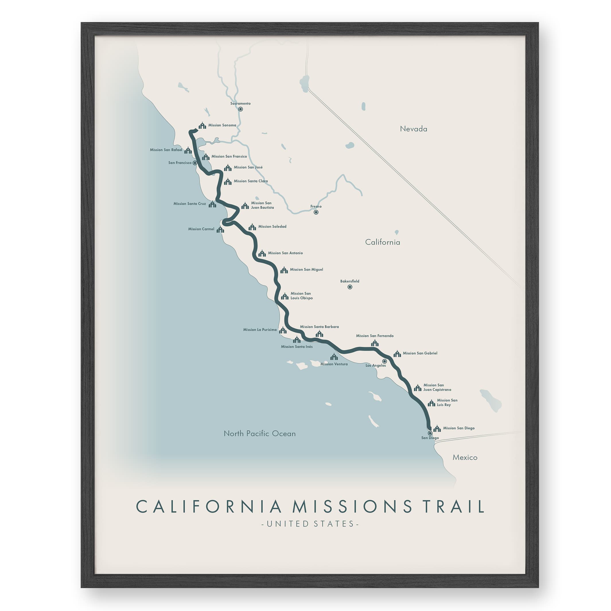 California Missions Trail Map - CaliforniaMissionsTrail Poster Beige 