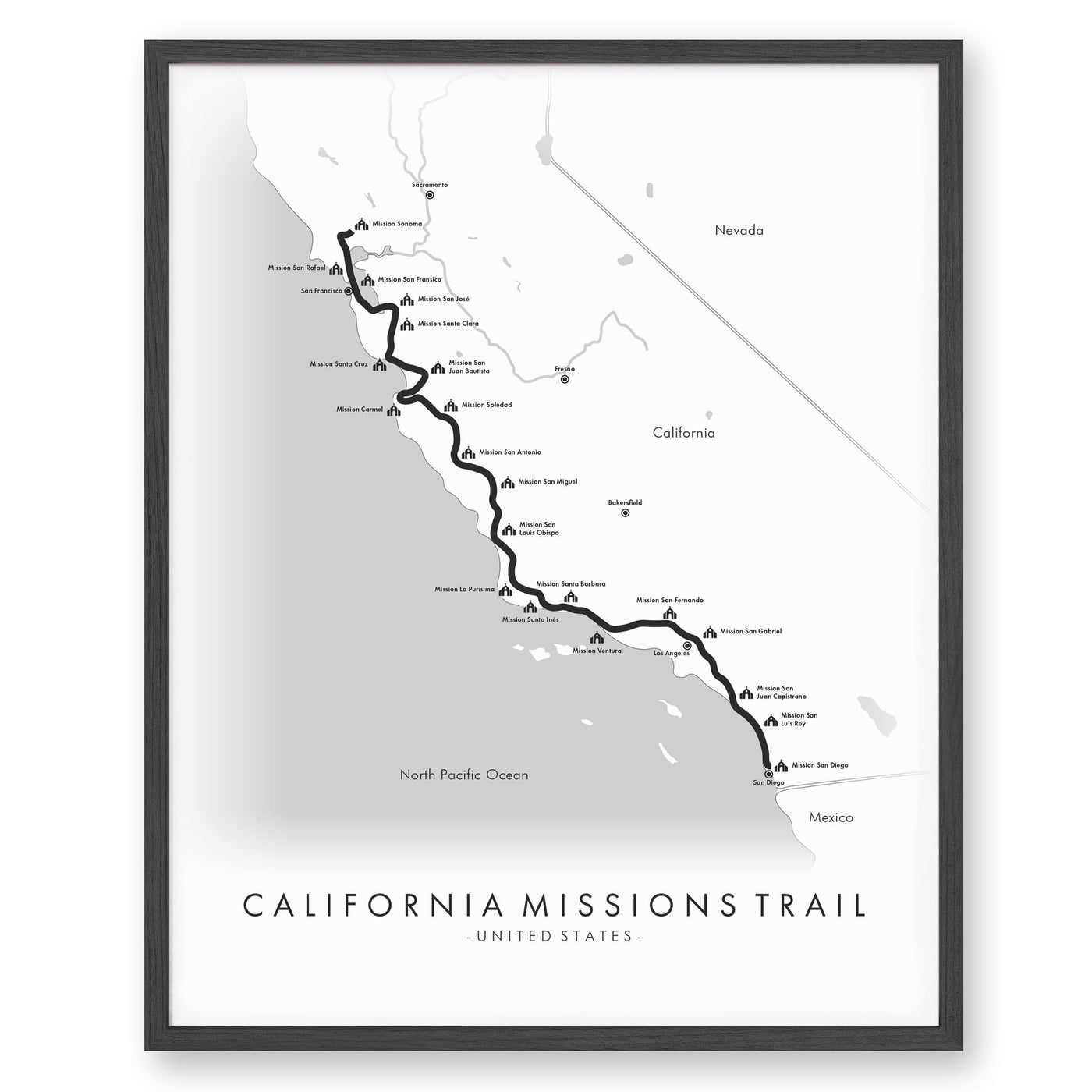 Trail Poster of California Missions Trail - White